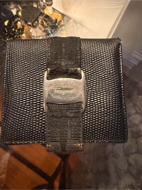 Salvatore Ferragamo Black Textured Leather Wallet with Silver Buckle